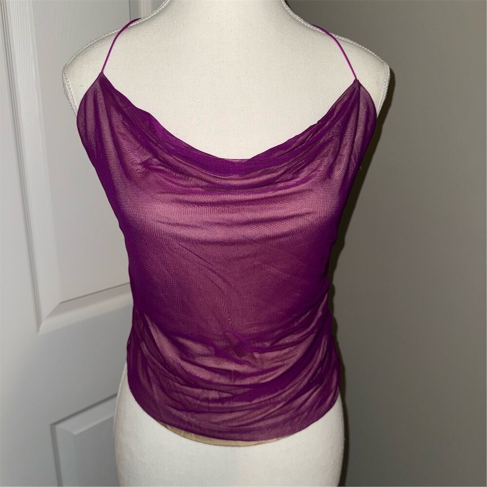 GAUGE81 Camisole Tank Top Womens L Purple Mesh Cowl Neck‎ Ruched Draped Festival